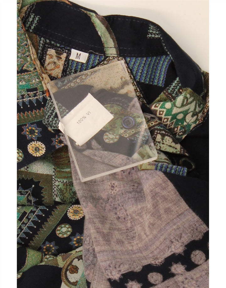 VINTAGE Camisa de manga corta para hombre Viscosa patchwork negra mediana