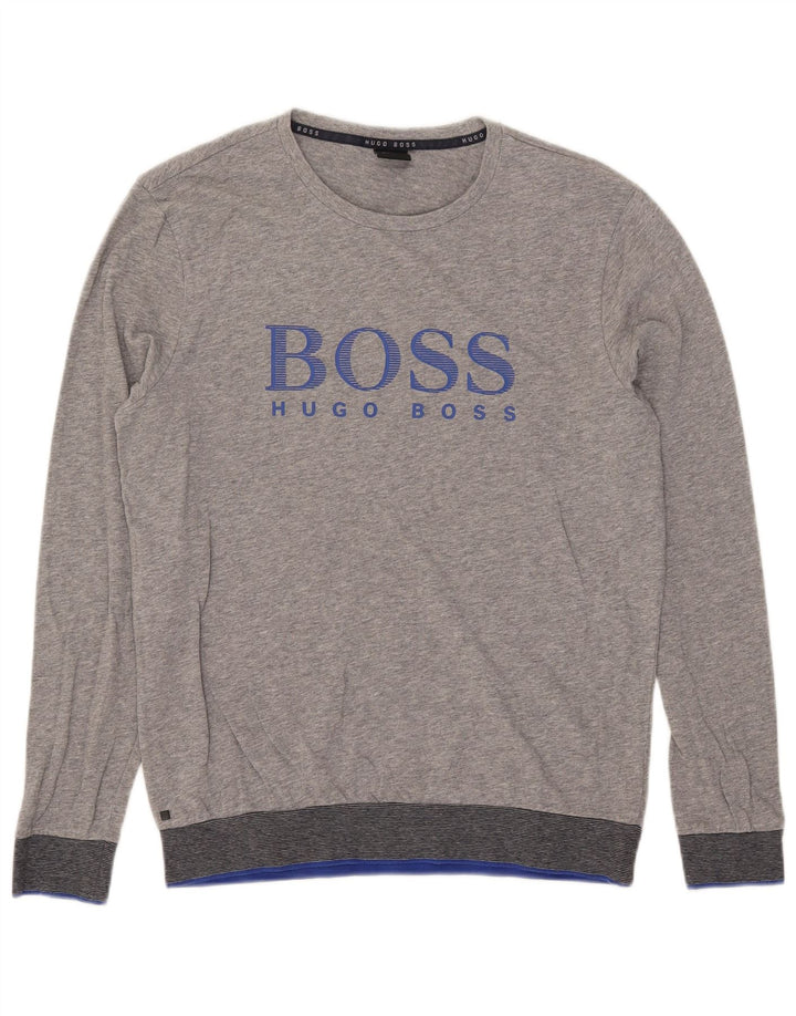 Hugo Boss Hombre: Top gráfico de manga larga de algodón moteado en gris medio