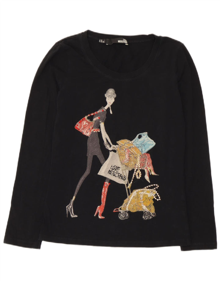Moschino Mujer Gráfico Top Manga Larga UK 42 Mediano Negro