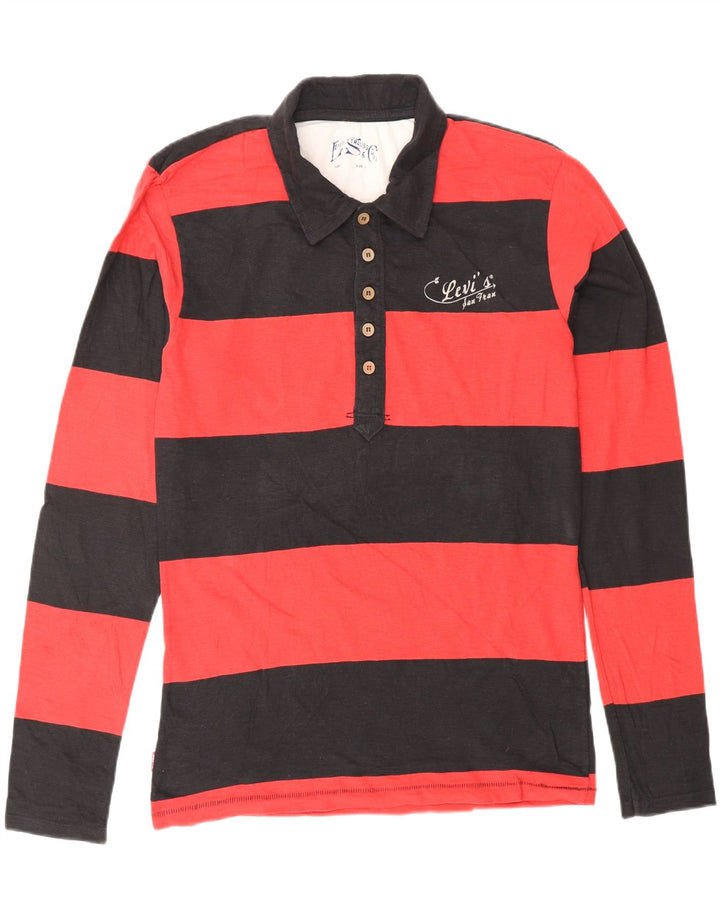 LEVI'S Polo de rugby de manga larga con gráfico para hombre de algodón a rayas rojas grandes