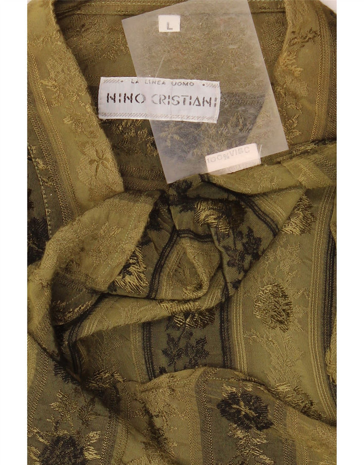 VINTAGE Camisa para hombre Grande Caqui Floral Viscosa