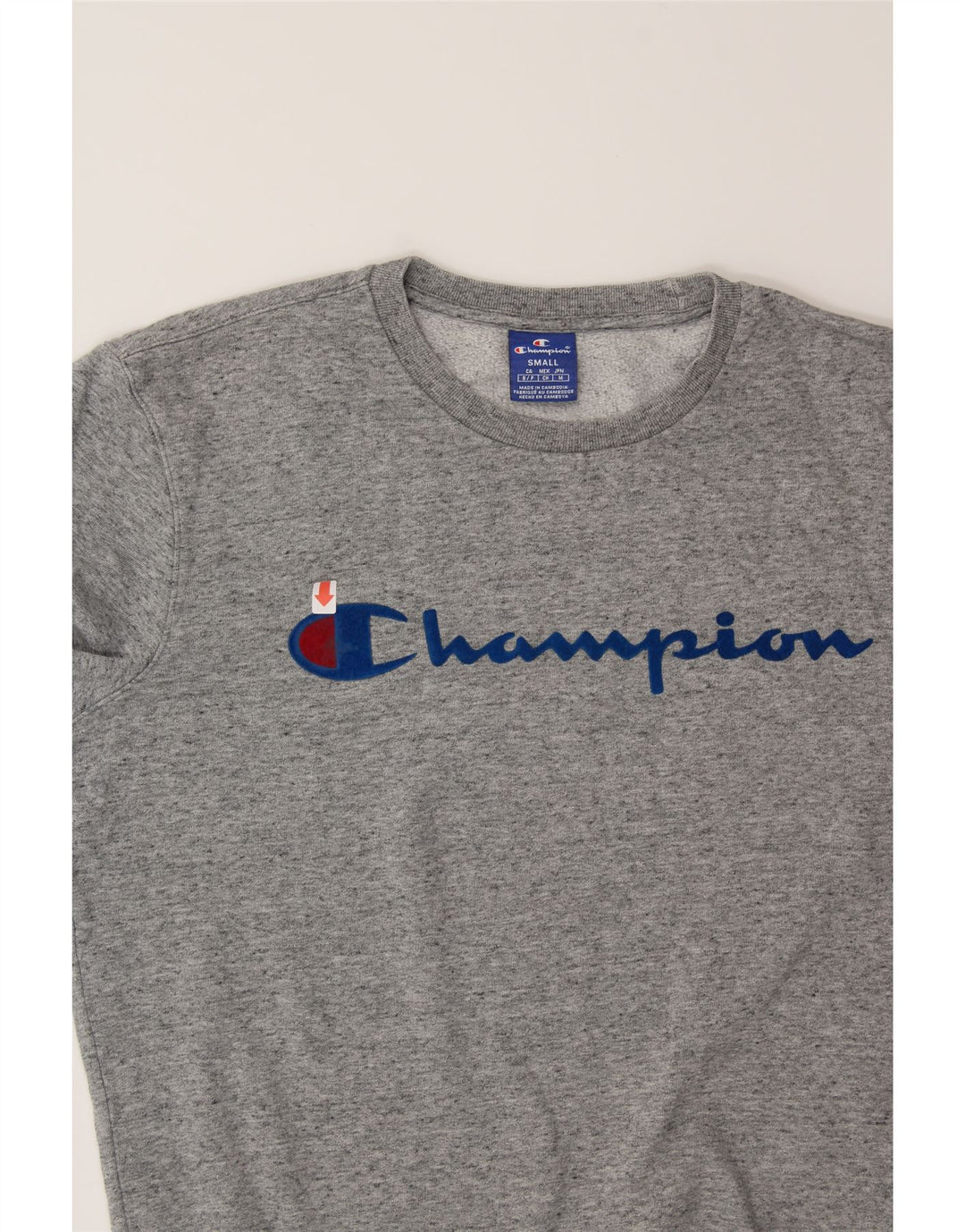 CHAMPION Mens Graphic Sweatshirt Jumper Small Grey Flecked Cotton Vintage Champion and Second-Hand Champion from Messina Hembry 