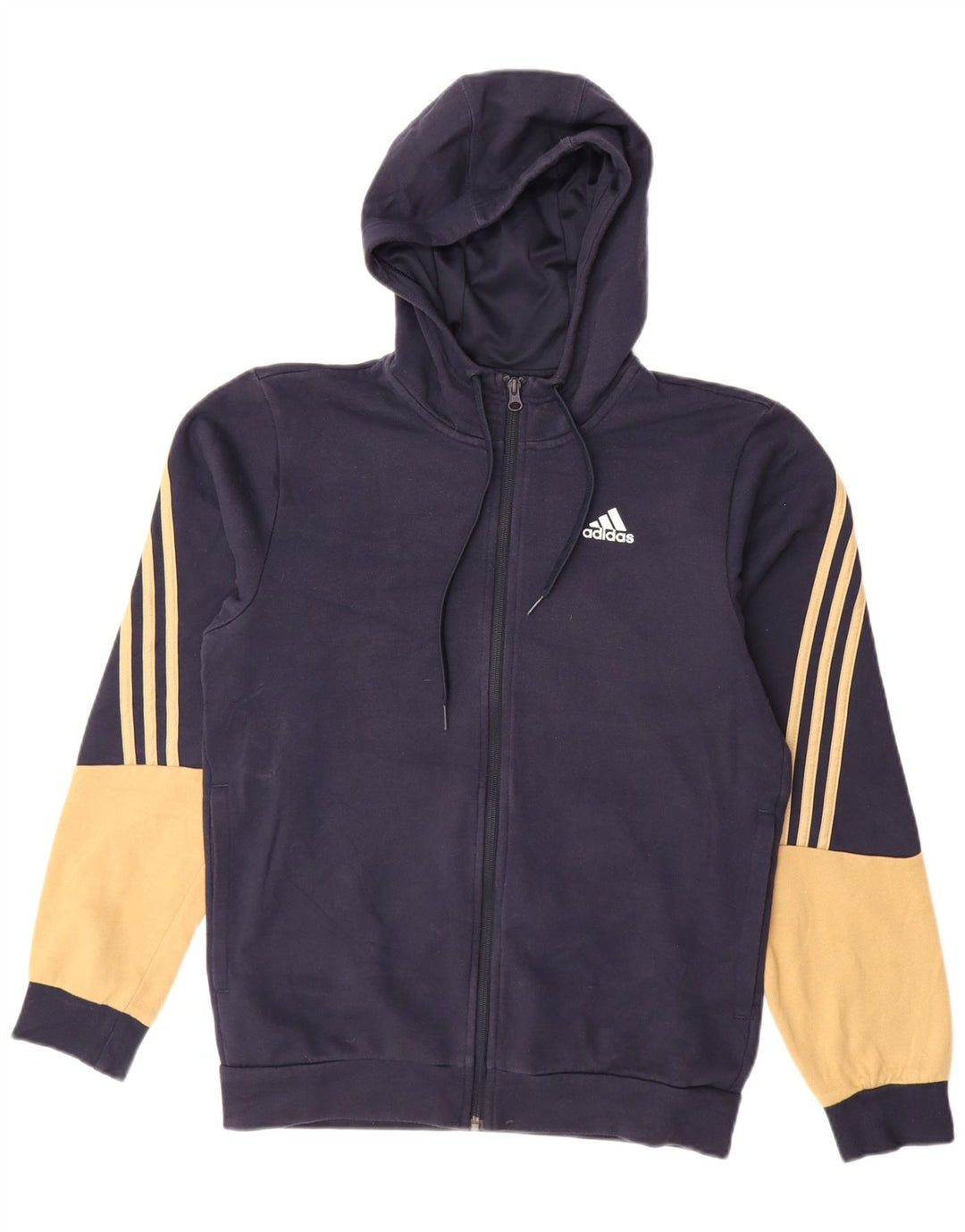 ADIDAS Sudadera con capucha y cremallera para hombre, talla pequeña, algodón azul marino con bloques de color