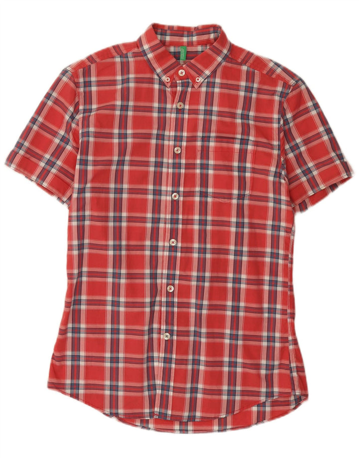 BENETTON Camisa Manga Corta Hombre Algodón Cuadros Rojo Mediano