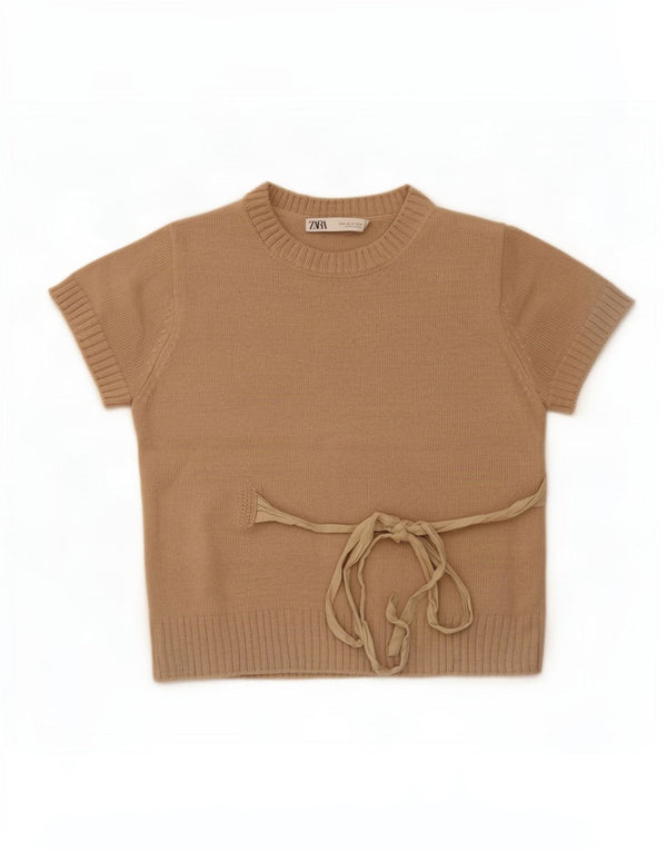 Zara Mujer Crop Manga Corta Cuello Redondo Jersey Jersey UK 10 Small Beige