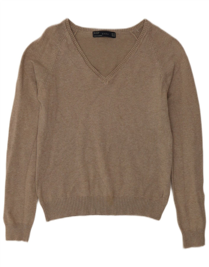 Zara - Jersey con cuello en V para mujer, talla 42, algodón gris medio