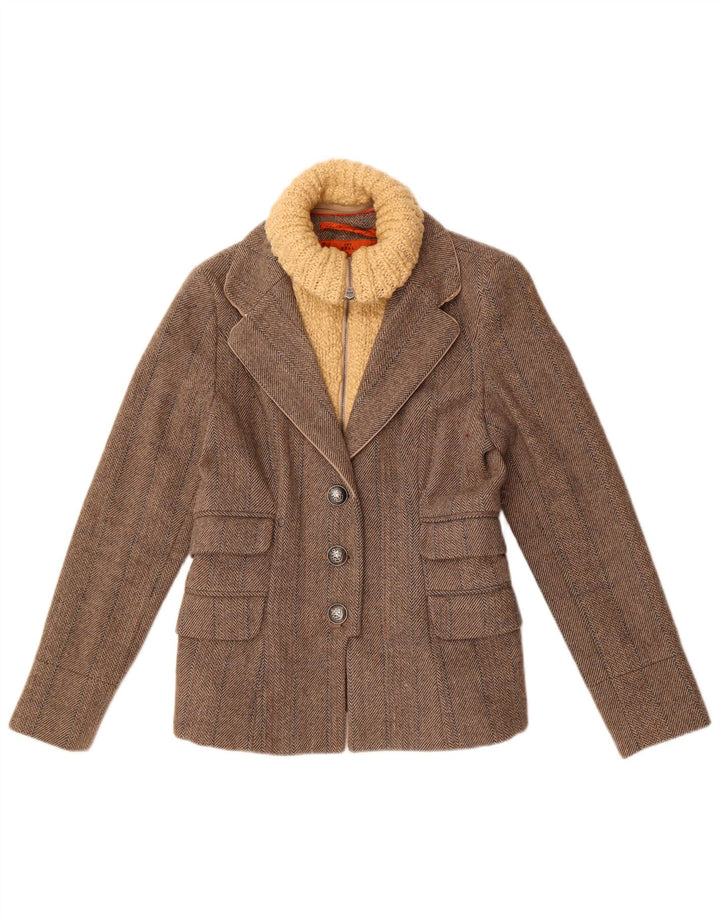 Superdry Chaqueta tipo blazer de 3 botones para mujer, talla 44, talla grande, lana gris en espiga