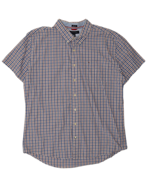 TOMMY HILFIGER Camisa ajustada de manga corta para hombre 2XL Algodón a cuadros azul