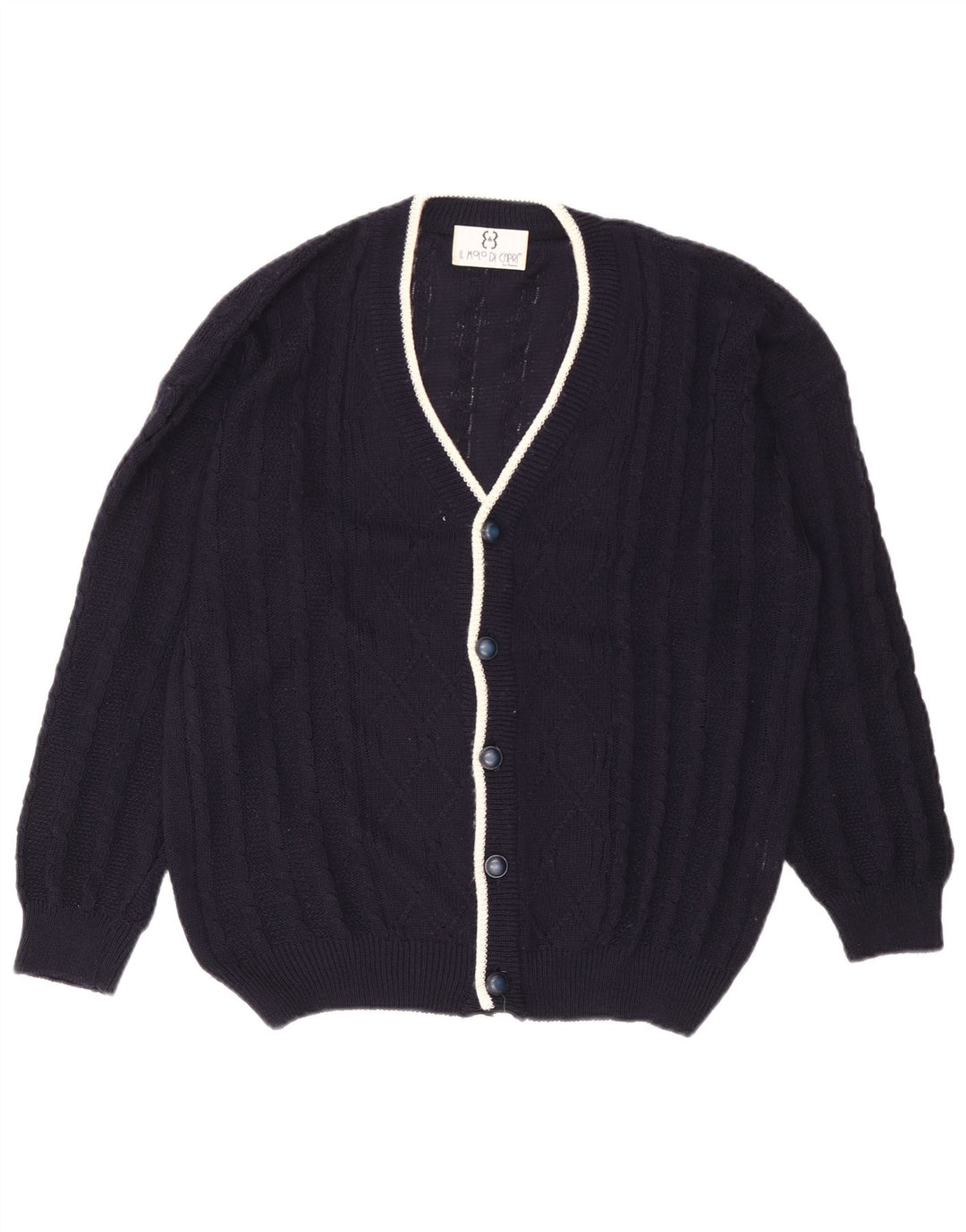 Vintage hombres Cardigan suéter grande azul marino algodón