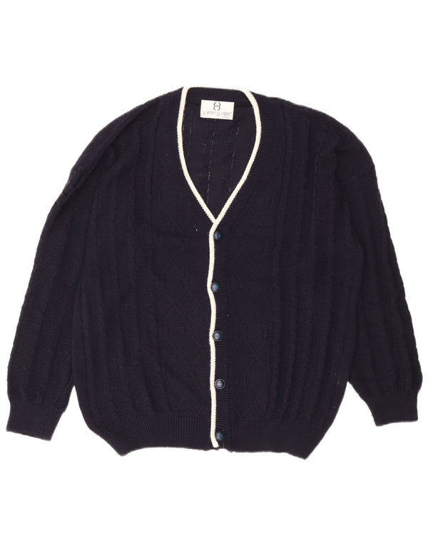 Vintage hombres Cardigan suéter grande azul marino algodón