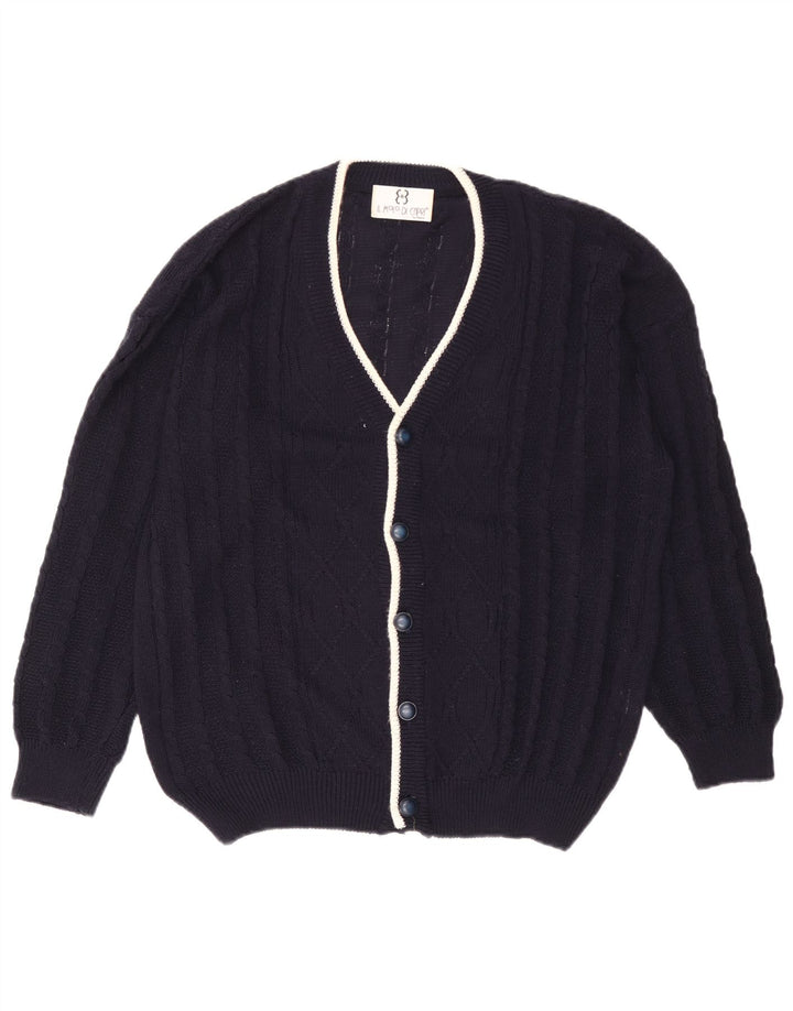 Vintage hombres Cardigan suéter grande azul marino algodón