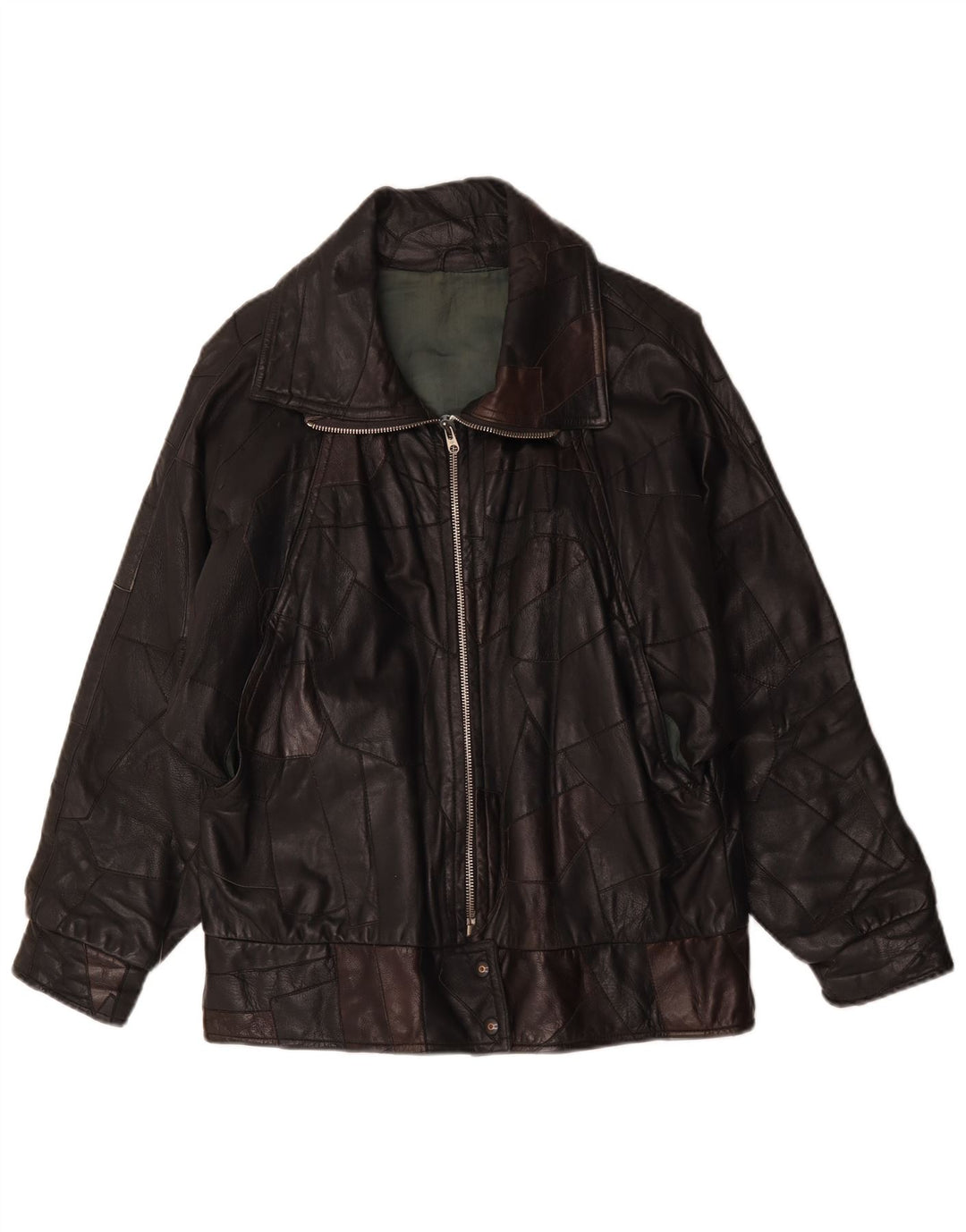 Vintage mujer chaqueta de cuero Reino Unido 20 2XL negro patchwork