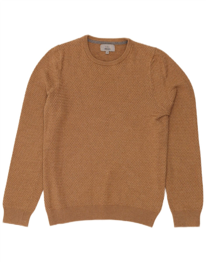 MARKS & SPENCER Suéter tipo jersey con cuello redondo y corte regular para hombre, talla pequeña, color beige