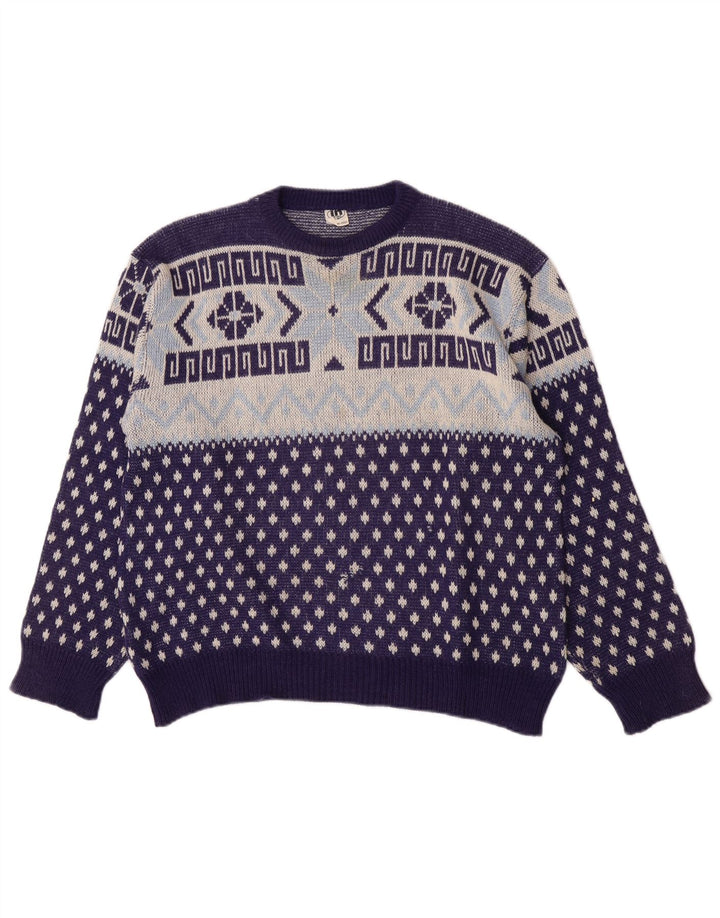 Vintage hombres cuello redondo jersey suéter medio azul marino geométrico