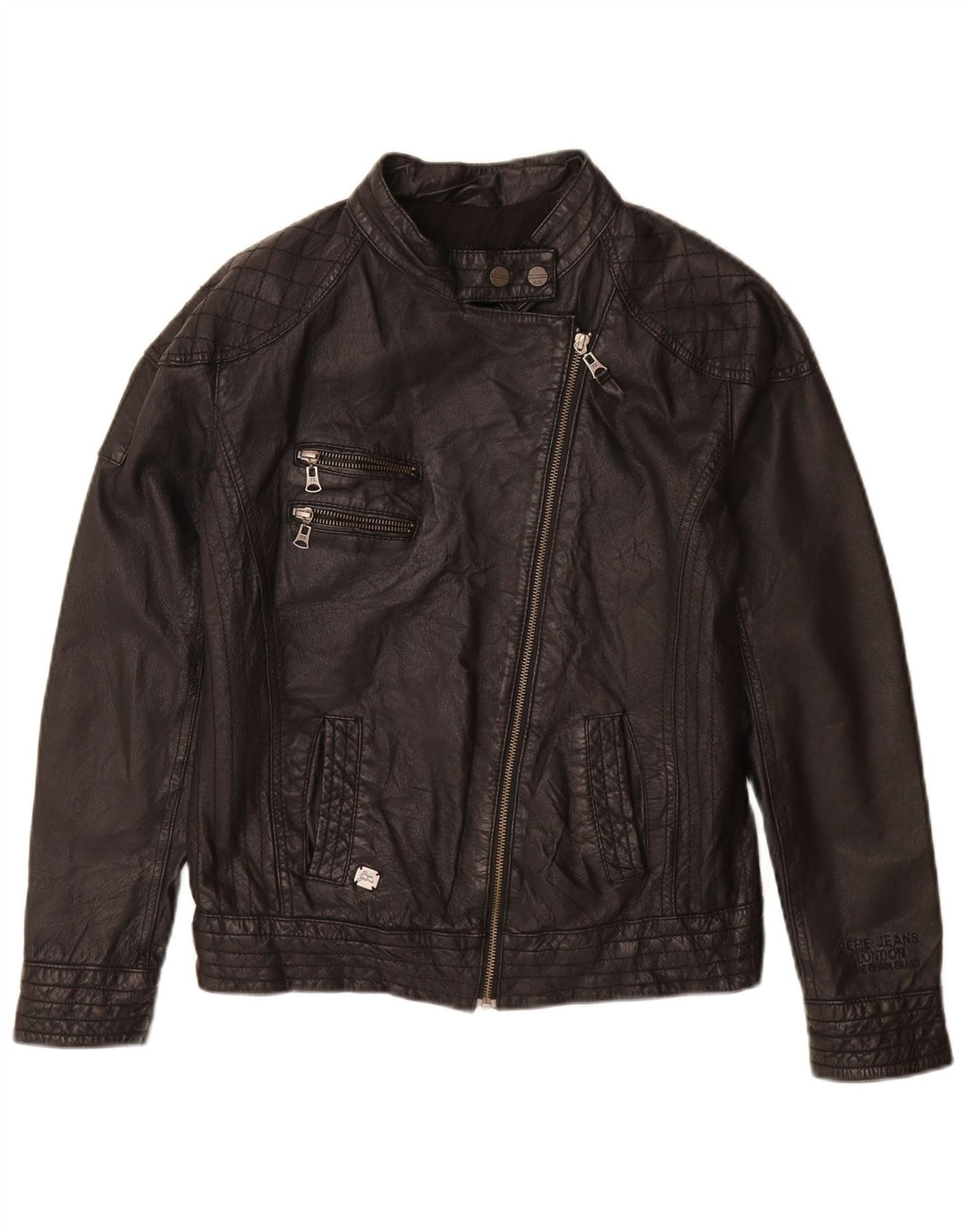PEPE Jeans Chaqueta motera de cuero para mujer UK 44 Medium Black Leather