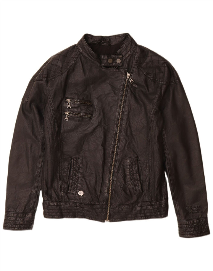 PEPE Jeans Chaqueta motera de cuero para mujer UK 44 Medium Black Leather
