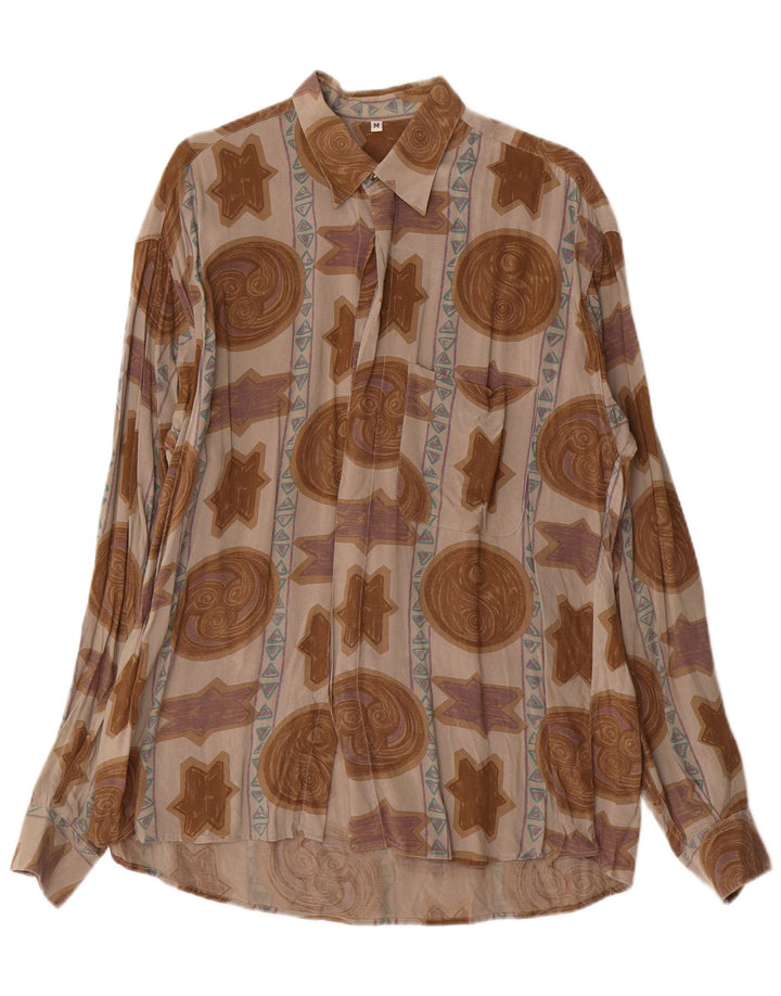 Camisa vintage para hombre con estampado abstracto de viscosa marrón medio