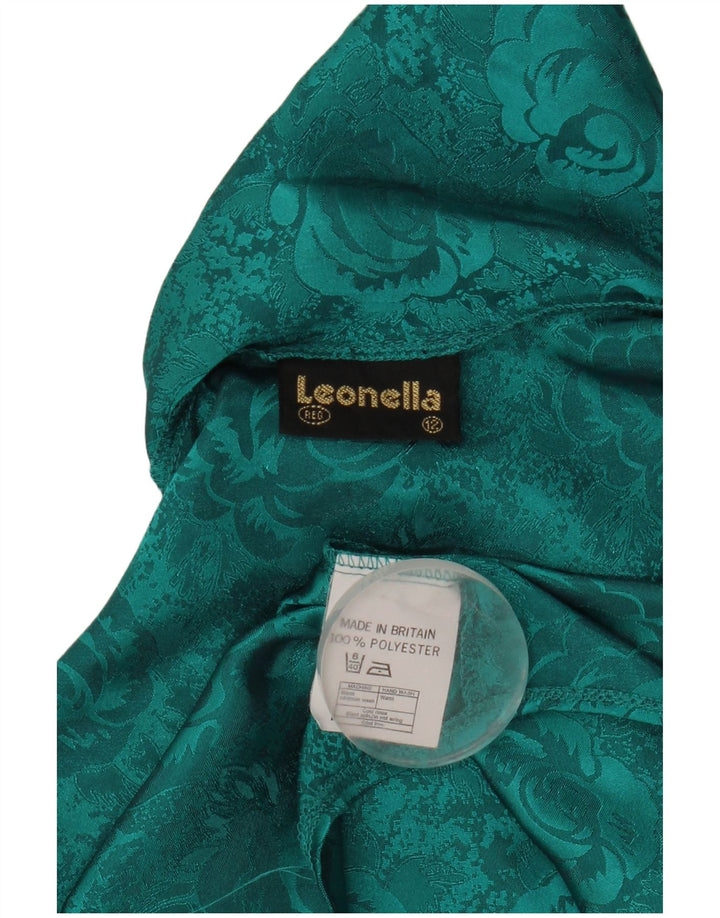 Vintage mujer frente corbata camisa blusa Reino Unido 12 medio verde floral poliéster