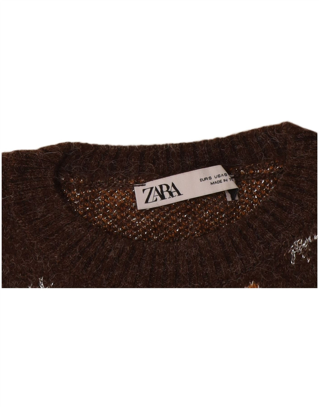 Zara Mujer Patrón Abstracto Cuello Barco Jersey Suéter UK 10 Small Marrón