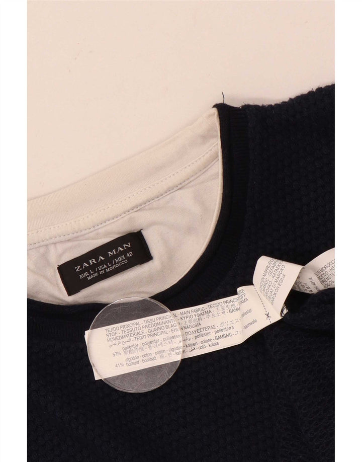 Zara Mens Crew Neck Jumper Sweater Large Azul Marino Poliéster