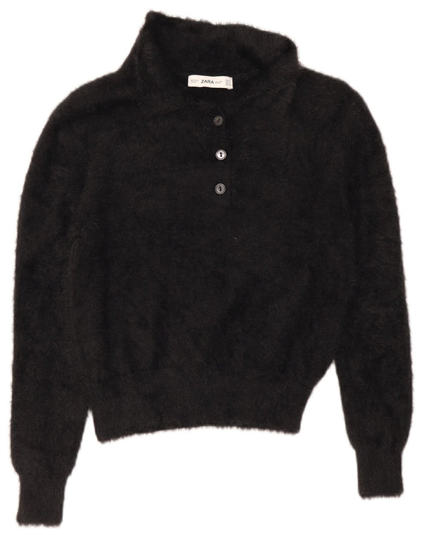 Zara Mujer Crop Polo Neck Jumper Sweater UK 10 Small Black Nylon