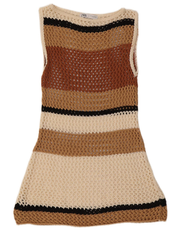 Zara Vestido De Playa Sin Mangas De Ganchillo Para Mujer UK 42 Medio Beige A Rayas