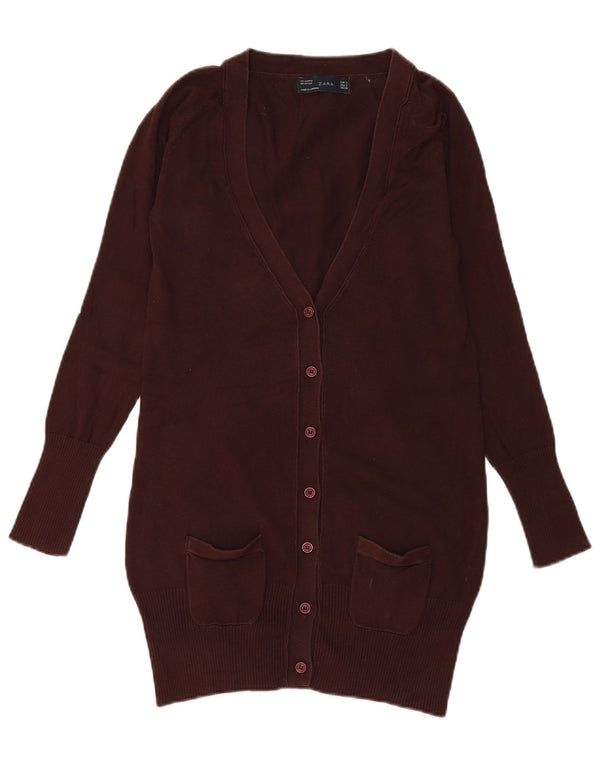 Zara Mujer Longline Cardigan Suéter UK 10 Small Marrón Algodón