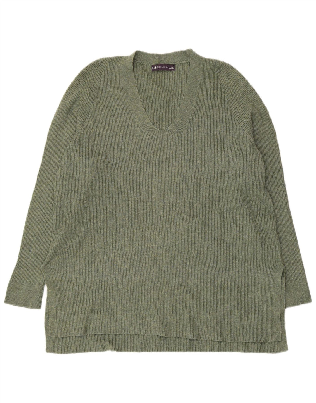 MARKS & SPENCER Suéter con cuello en V para mujer UK 46 Poliéster verde grande