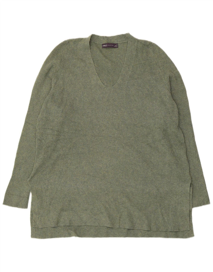MARKS & SPENCER Suéter con cuello en V para mujer UK 46 Poliéster verde grande
