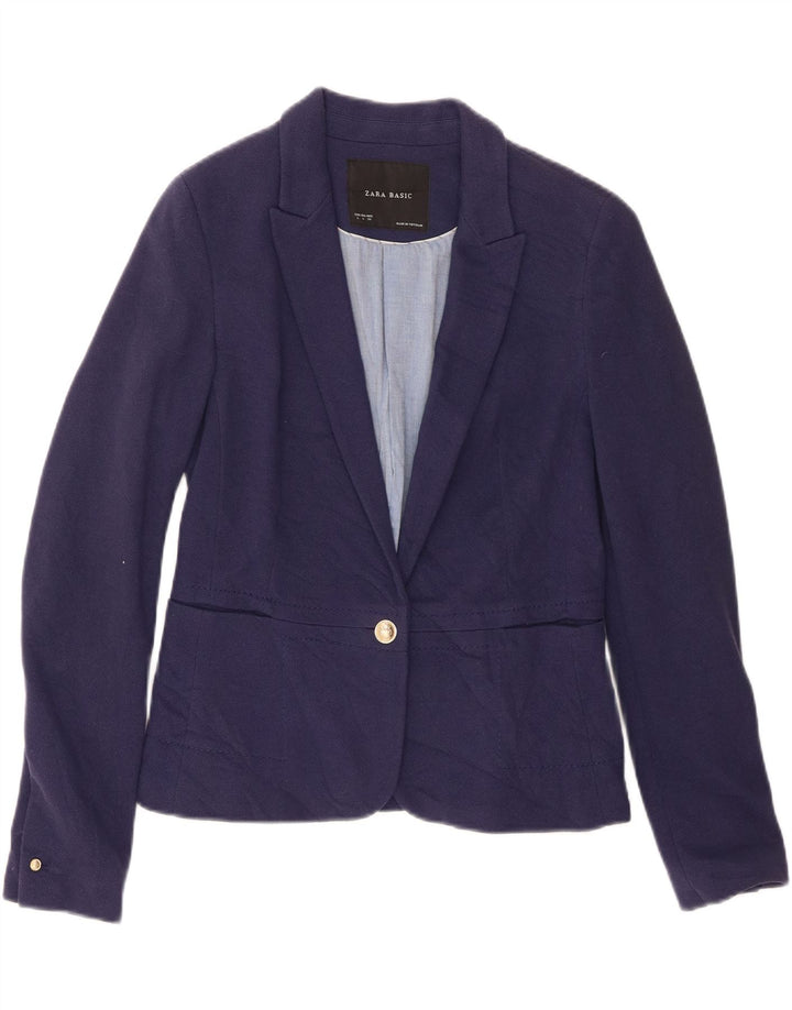 Zara Mujer Crop 1 Botón Blazer Chaqueta UK 46 Grande Azul Marino Algodón