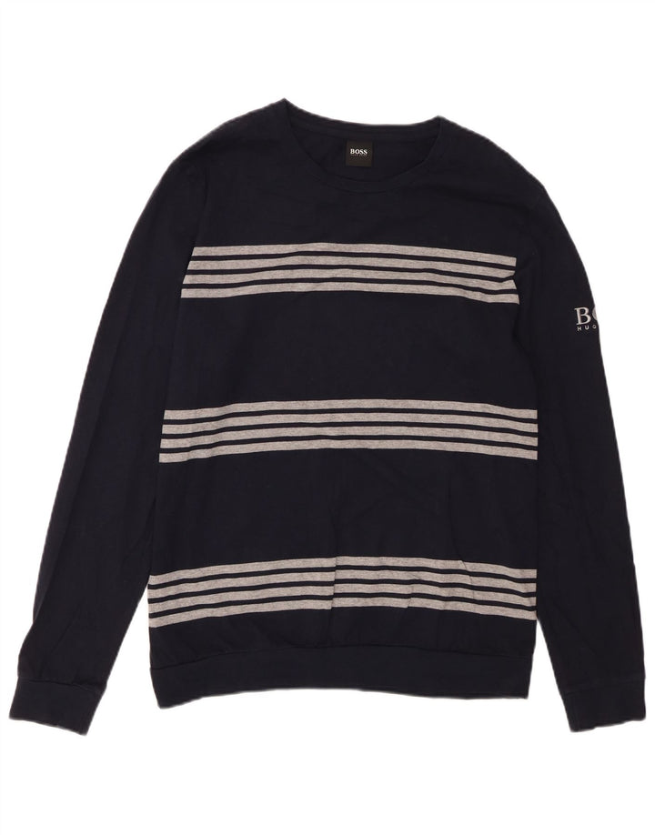 Camiseta HUGO BOSS para hombre de manga larga de algodón a rayas azul marino medio