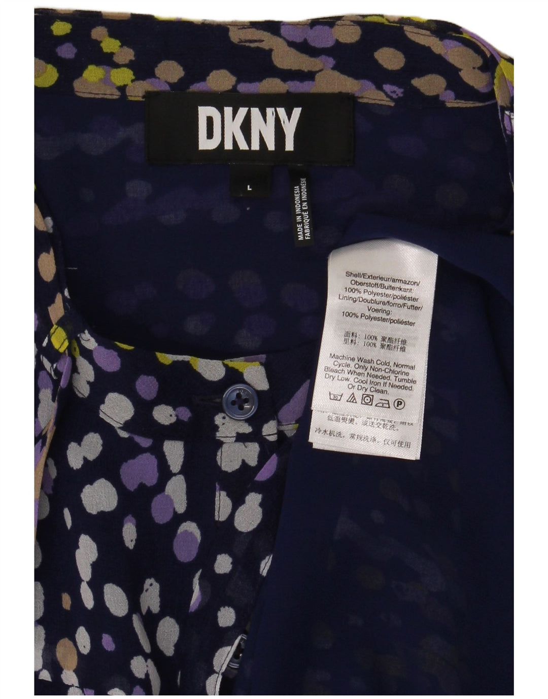Dkny Blusa camisera con volantes en la parte delantera para mujer UK 46 Grande Azul marino manchado
