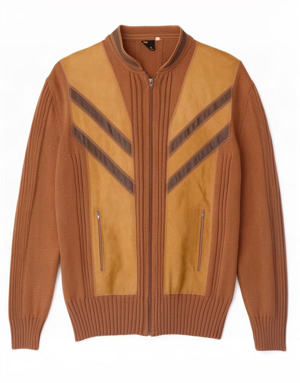 Vintage hombres Cardigan suéter IT 56 2XL marrón colorblock lana