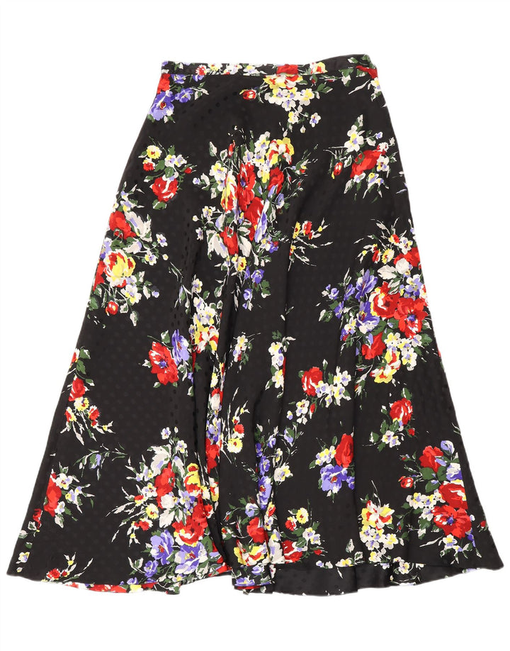 Vintage mujer falda acampanada W26 pequeño negro floral