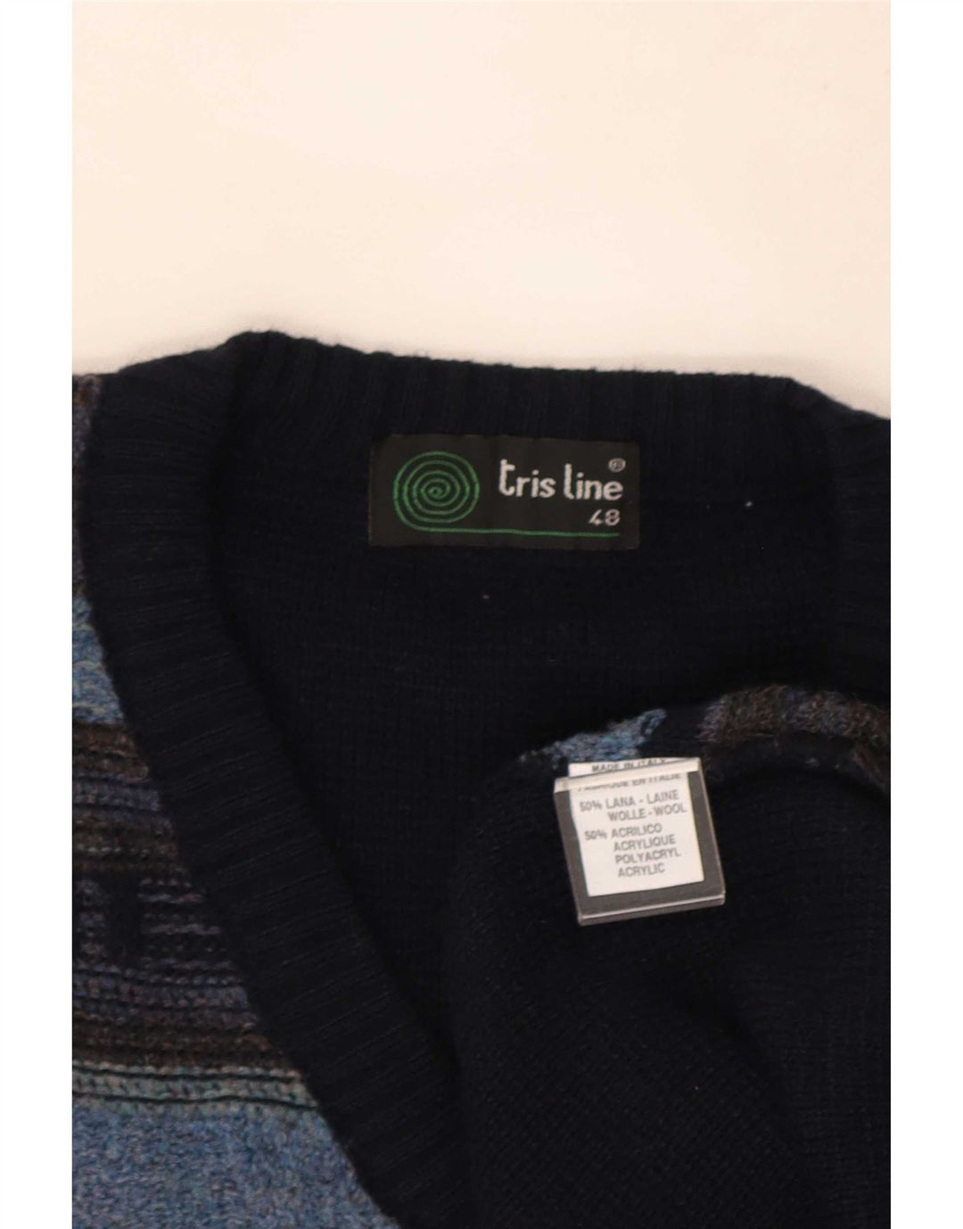 Tris Line Jersey con cuello en V para hombre IT 48 Medium Lana a rayas azul marino