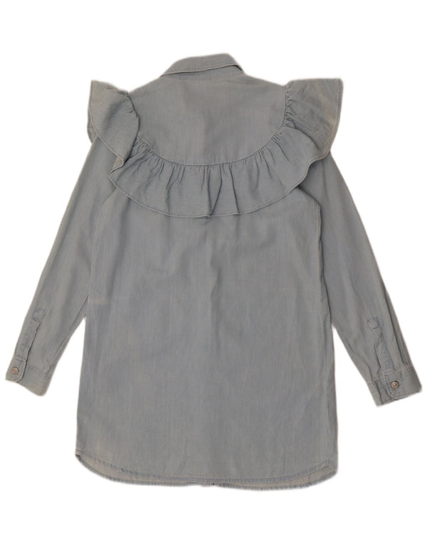 Zara Vestido Camisero Vaquero Con Volantes En La Parte Delantera UK 44 Algodón Azul Medio
