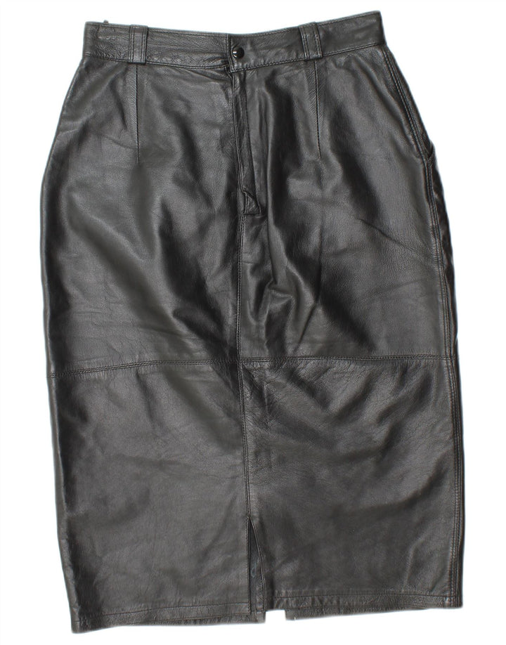 VINTAGE Falda de cuero de cintura alta para mujer IT 44 Medio W26 Cuero negro