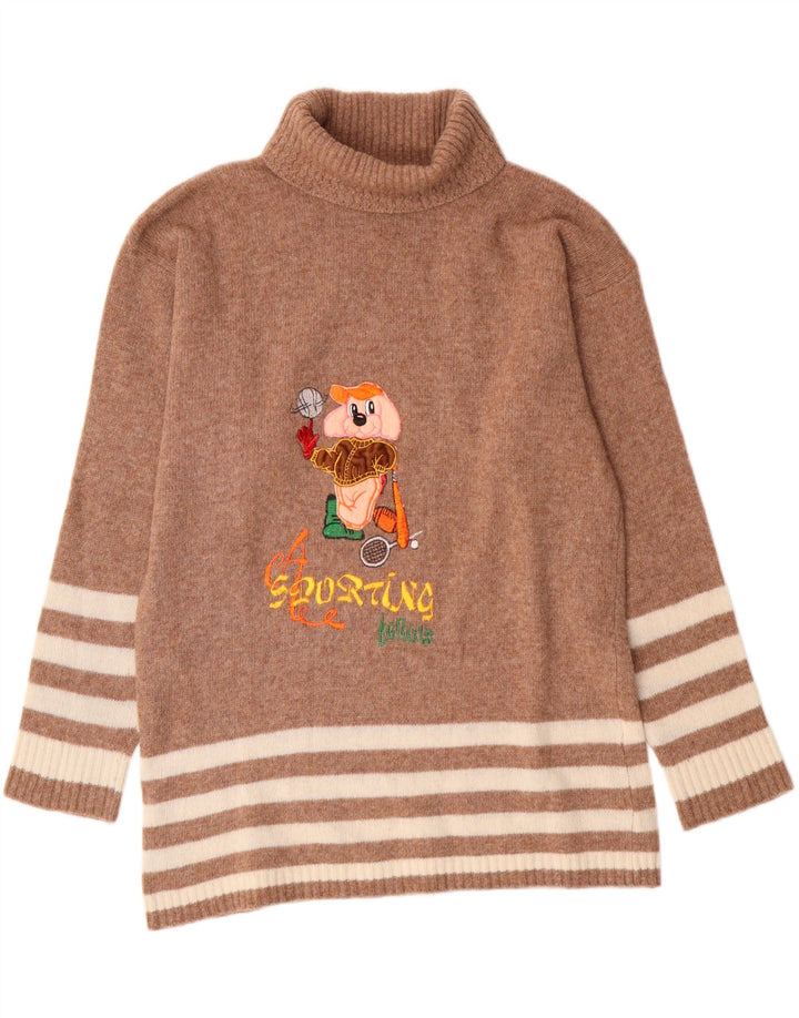 Vintage mujer longline roll cuello jersey suéter Reino Unido 14 marrón medio rayas