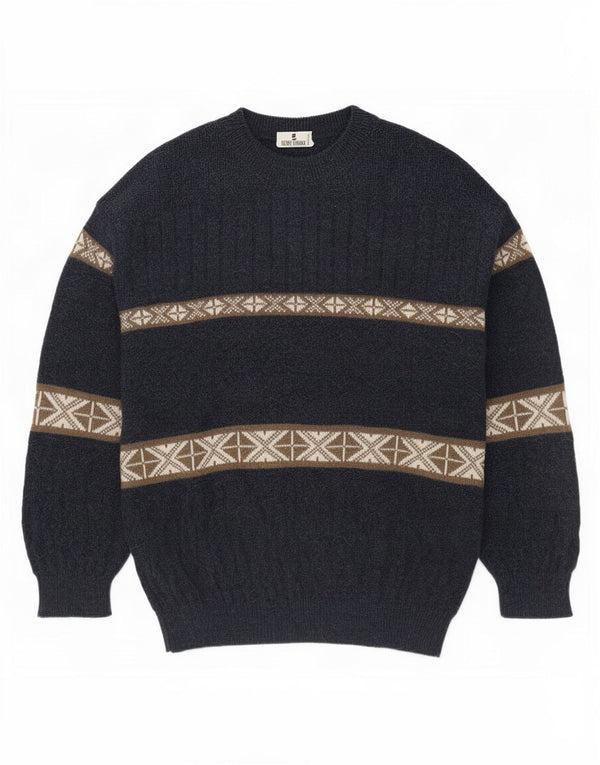 Vintage hombres tortuga cuello jumper suéter medio azul marino Fair Isle