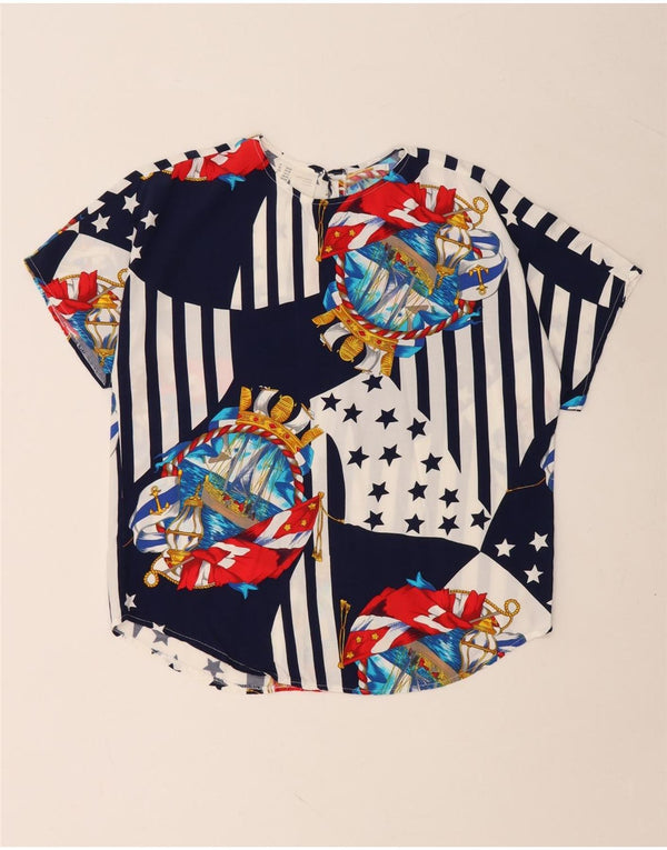 VINTAGE Blusa de mujer Top Reino Unido 10/12 Bloque de color azul marino medio