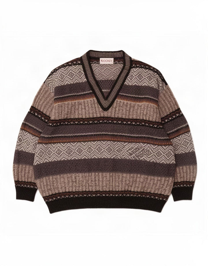Jockey Jersey con Cuello en V para Hombre de Lana a Rayas Gris Grande