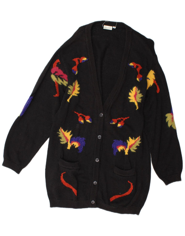 Vintage mujeres longline cardigan suéter Reino Unido 14 medio negro floral novedad