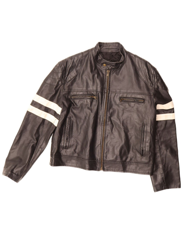 Vintage mujer chaqueta de cuero Reino Unido 20 2XL negro colorblock cuero