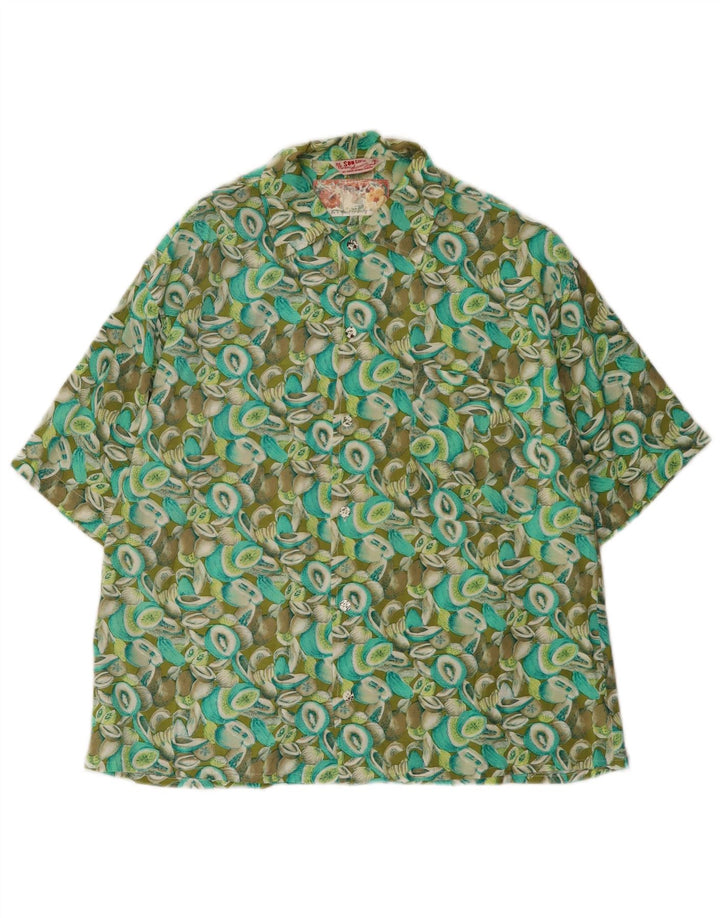 Vintage hombres patrón abstracto camisa de manga corta rayón verde medio