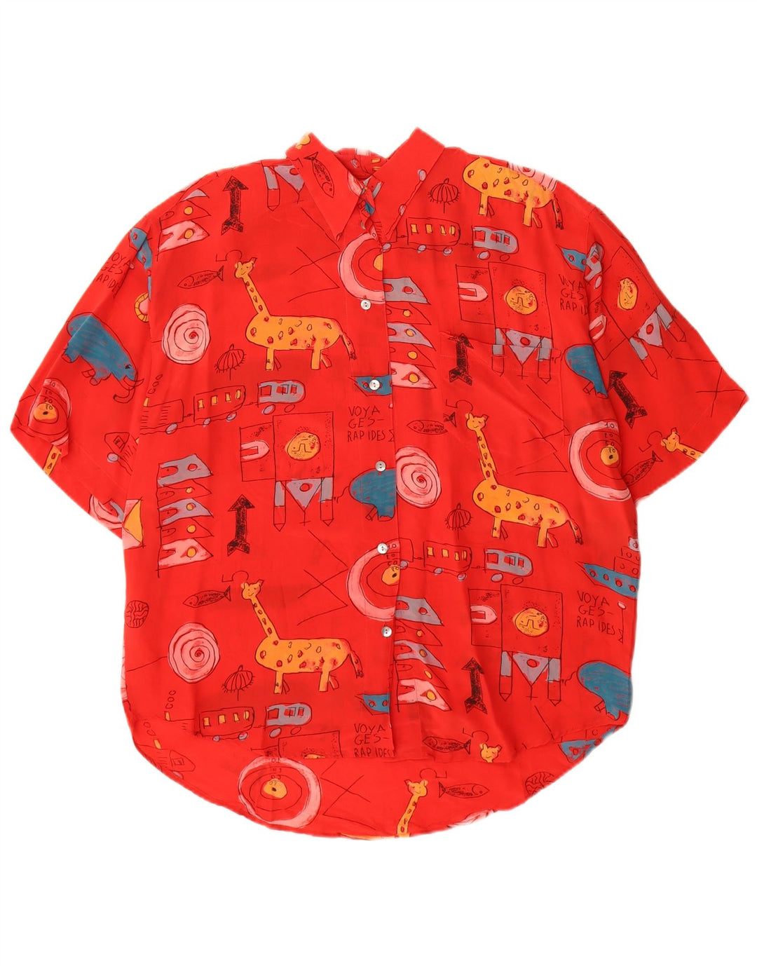 Vintage mujer gráfica manga corta camisa blusa EU 40 seda roja mediana