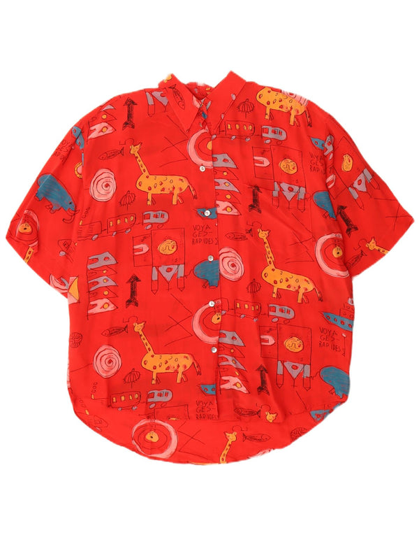 Vintage mujer gráfica manga corta camisa blusa EU 40 seda roja mediana