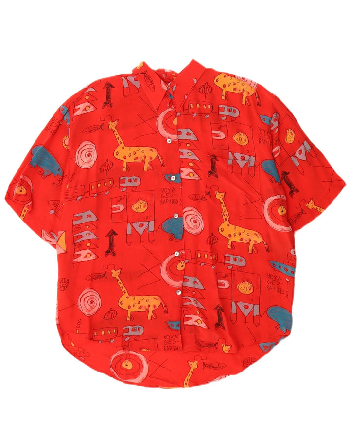 Vintage mujer gráfica manga corta camisa blusa EU 40 seda roja mediana