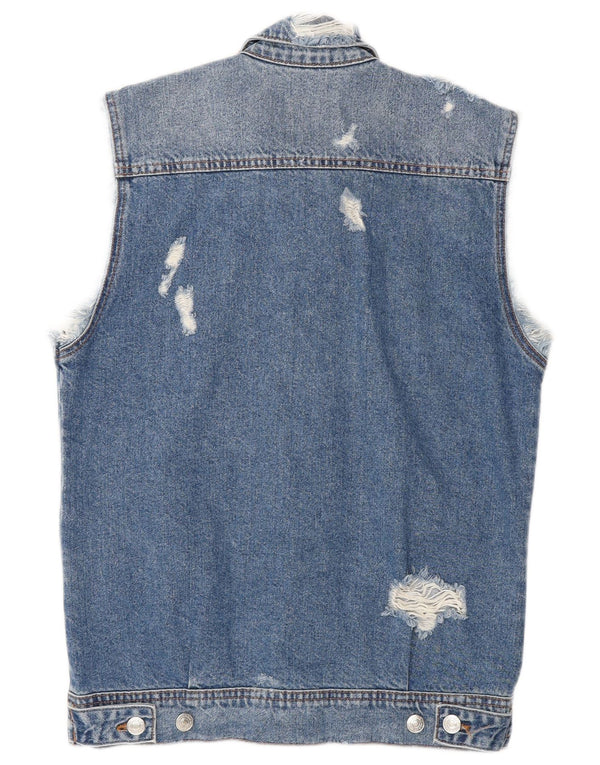 Zara Mens Chaleco Denim Desgastado UK 36 Pequeño Algodón Azul
