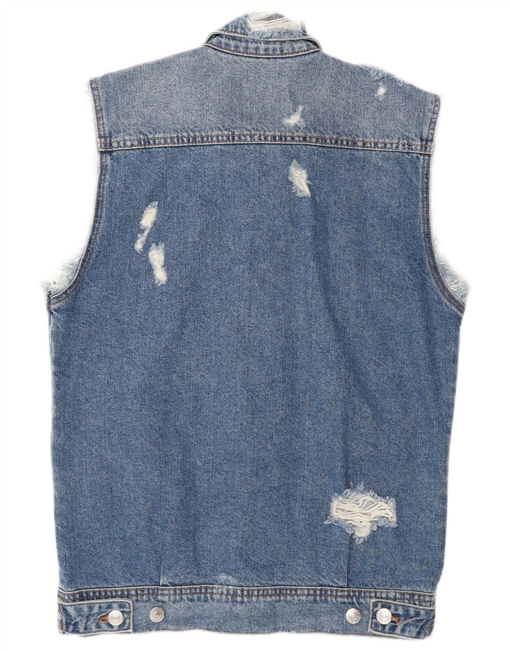 Zara Mens Chaleco Denim Desgastado UK 36 Pequeño Algodón Azul