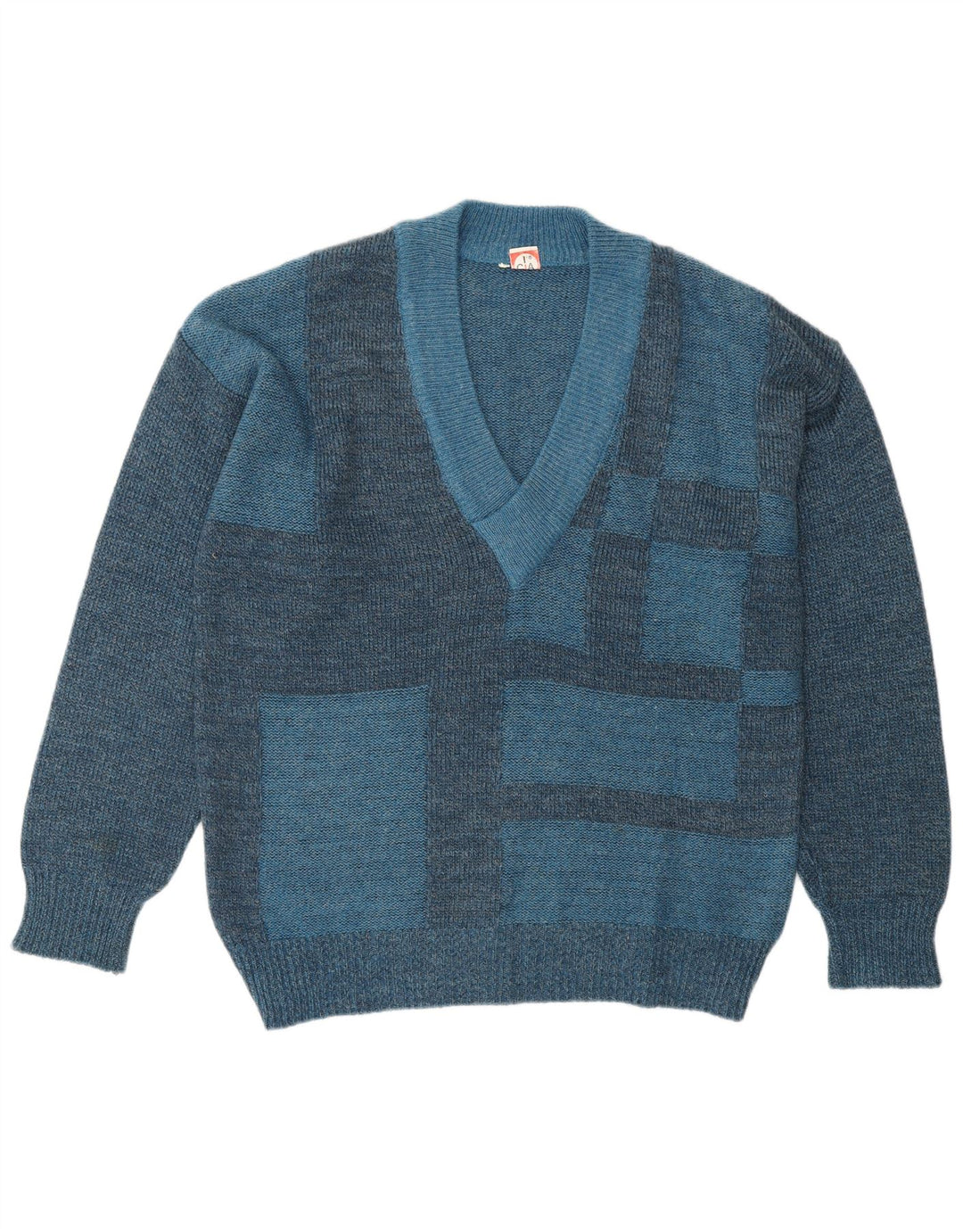 VINTAGE Jersey con cuello en V para hombre IT 50 Poliacrílico geométrico azul medio